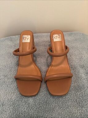 DV by Dolce Vita Tan Double-Strap Square Toe Slide Sandals with Heal